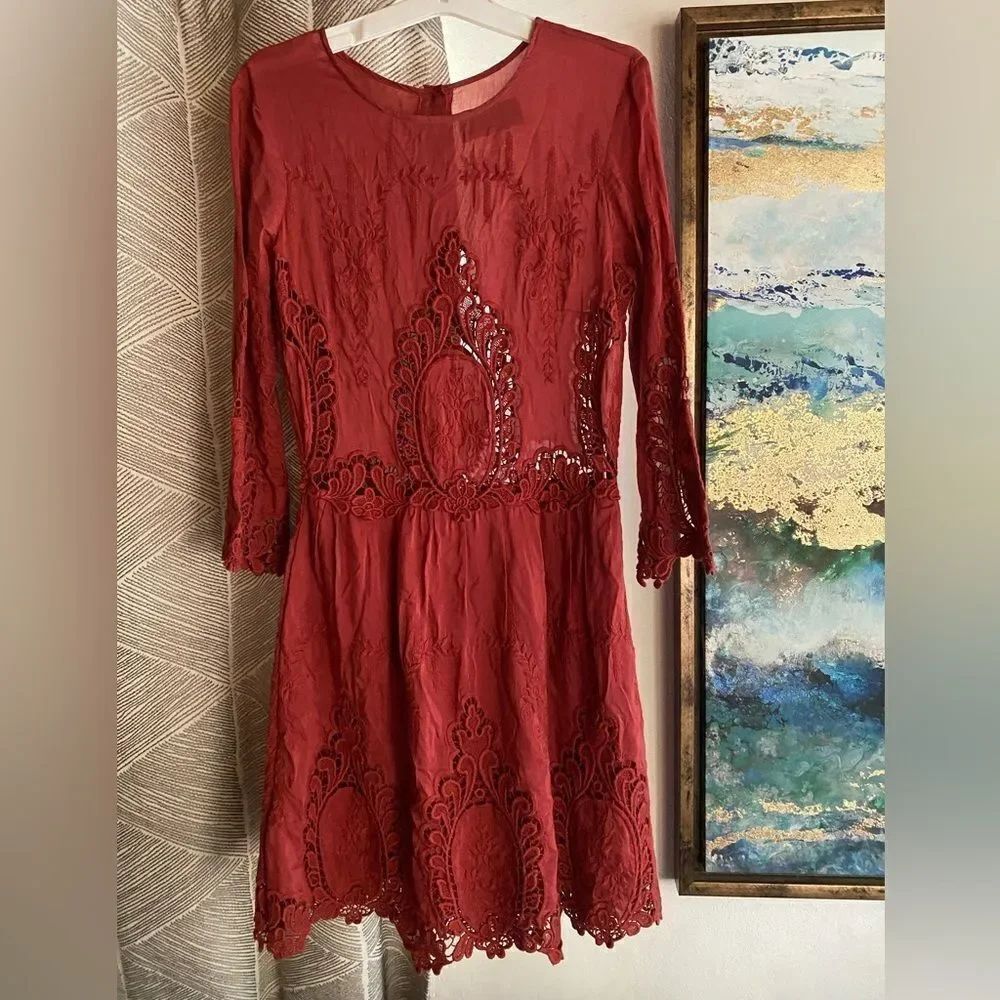 Dolce Vita Mini  Dress Womens Size S Brown 3/4  Sleeve Embroidered Button
